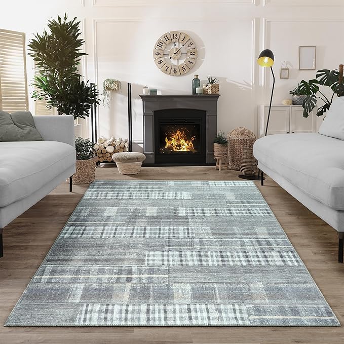 Bloom Rugs Washable Non-Slip 5' x 7' Rug - Gray Striped Area Rug for Living Room, Bedroom, Dining Room, and Kitchen - Exact Size: 5' x 7'