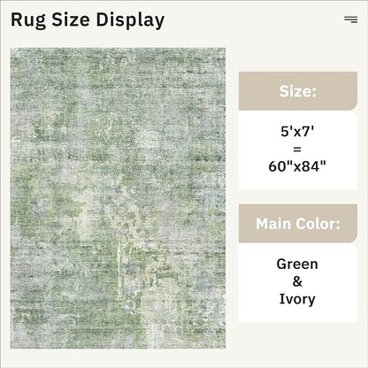 Abstract Rug 5x7 Machine Washable Area Indoor Green Low Pile Non-Slip Foldable Thin Accent Rugs for Bedroom Living Room Dining Room