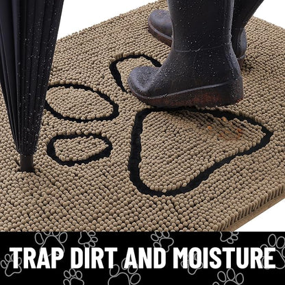 Smiry Dog Door Mat for Muddy Paws, Absorbent Dirt Trapper Non Slip Quick Dry Washable Chenille Mat for Mud Dogs, Entry Rug for Indoor and Outdoor (59x24 Inches, Camel and Black)