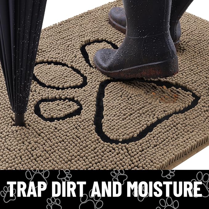 Smiry Dog Door Mat for Muddy Paws, Absorbent Dirt Trapper Non Slip Quick Dry Washable Chenille Mat for Mud Dogs, Entry Rug for Indoor and Outdoor (48x30 Inches, Camel and Black)