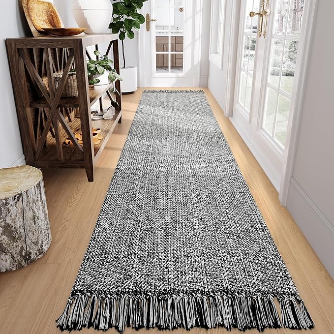 Collive Long Hallway Runner Rug 2.6' x 10', Washable Runners Indoor Entryway Rug, Black/Cream Braided Woven Kitchen Rugs Low-Profile Front Door Floor Carpet for Laundry Room Bedroom Doorway