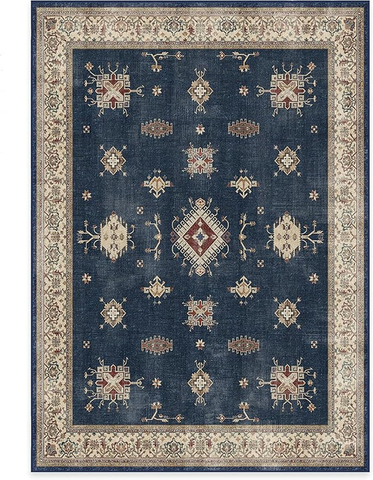 RUGGABLE Washable Vintage Area Rug – Verena Sapphire 5x7, Stain-Resistant, Non-Slip – Medium Machine Washable Rugs for Living Room, Bedroom, Hallway, Entryway & Office–with Cushioned Pad