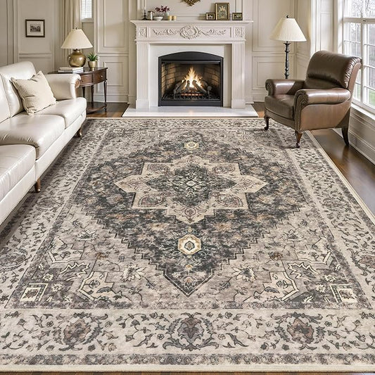 Tangsoo 8x10 Area Rugs for Living Room, 8x10 Washable Rug Vintage Indoor Non Slip Large Area Rugs, Print Distressed Grey Carpet, Soft Low Pile Foldable Floor for Bedroom Dining Room Dorm