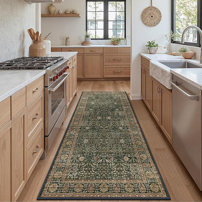 Bavni 2'6''x7 Rug Runners for Hallways, Washable Runner Rug Non Slip, Vintage Floral Print Style Rugs for Bedroom-Lightweight Low Pile Carpet for Hallways Bathroom, Dark Green/Multi