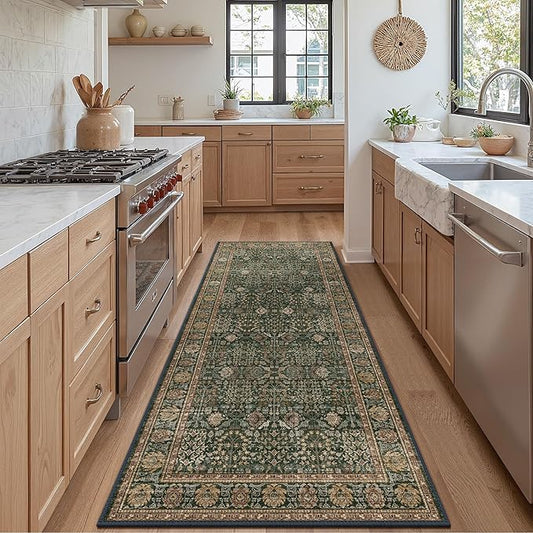 Bavni 2'6''x7 Rug Runners for Hallways, Washable Runner Rug Non Slip, Vintage Floral Print Style Rugs for Bedroom-Lightweight Low Pile Carpet for Hallways Bathroom, Dark Green/Multi