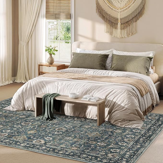 8x10 Washable Rugs for Living Room, Soft Large Rugs Blue Area Rug, Indoor Vintage Carpet for Bedroom Dining Room Office, Rubber Backed Non Slip Low Pile Mat, Deep Blue