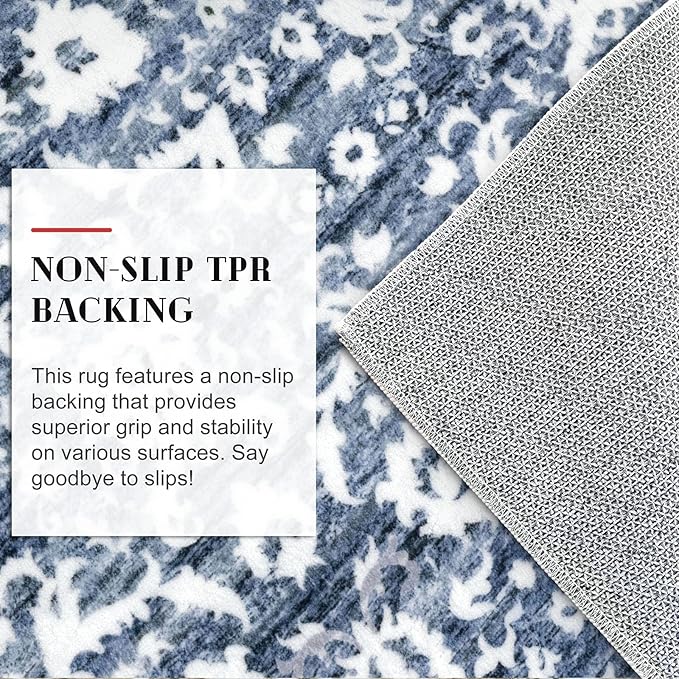 Runner Rug 2.6x14, Light Blue White Washable Long Hallway Rug Runner Non-Slip Soft Kitchen Runner Thin Printed Faux Wool Super Soft Carpet for Entryway Bedroom Laundry Room Indoor Home Decor