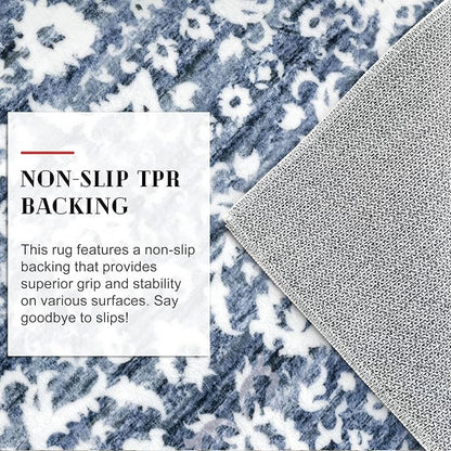Vintage Floral 2x5 Runner Rug, Light Blue White Washable Kitchen Runner Rug Non-Slip Hallway Rug Runner Super Soft Thin Printed Faux Wool Carpet for Entryway Bedroom Bedside Laundry Room Indoor