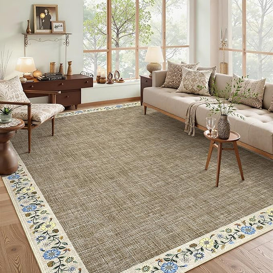 GarveeHome Washable Area Rugs for Bedroom 5x7 Living Room Modern Floral Throw Rugs Non-Slip Lightweight Thin Carpet Modern Farmhouse Print Non-Shedding Soft Low Pile Floor Cover, Dark Camel