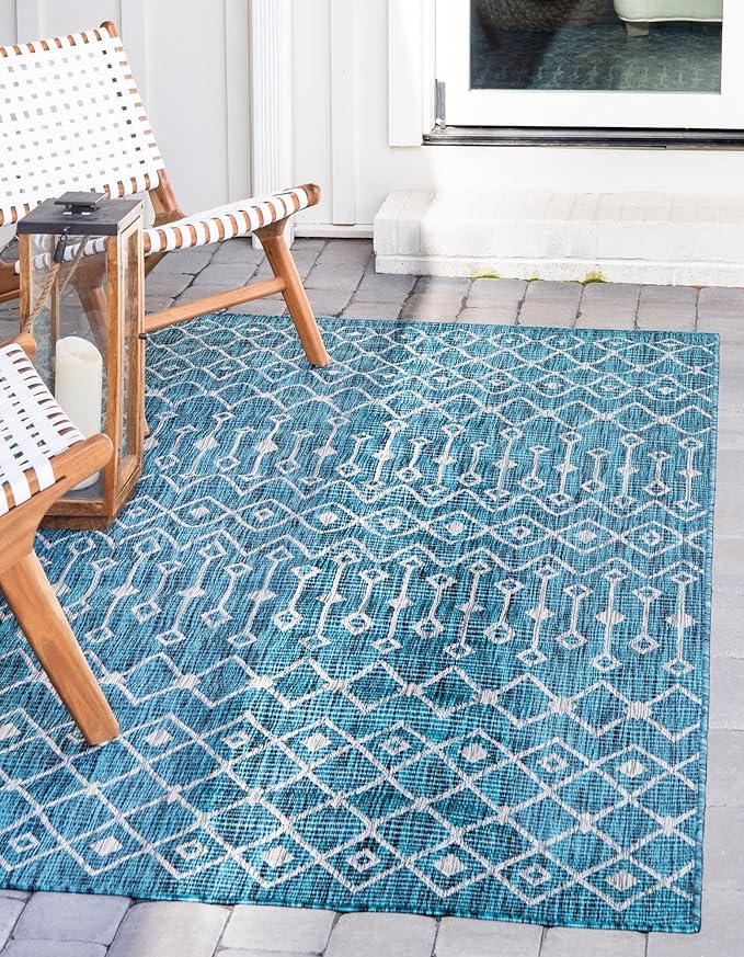 Unique Loom Outdoor Trellis Collection Area Rug - Tribal Trellis (3' 3" x 5' 3" Rectangle, Teal/ Ivory)