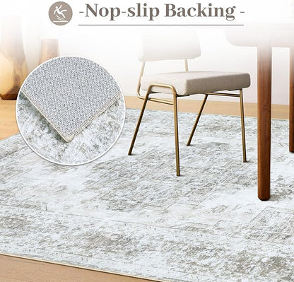 Area Rug 9x12 Living Room Rug, Machine Washable Vintage Distressed Medallion Rug Non-Slip Soft Low Pile Large Indoor Rugs for Bedroom Kitchen Dining Room Office(Taupe,9'x12')