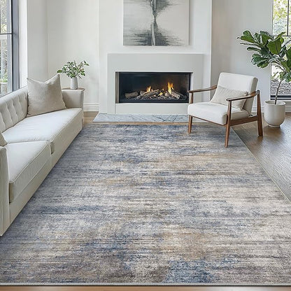 Bavni Washable Rug, Soft Abstract Rugs Non-Slip, Thin Foldable 3x5 Rug, Modern Stain Resistant Area Rug for Living Room, Kitchen, Bedroom, Blue/Light Grey