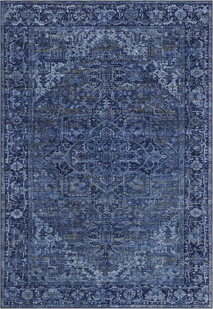 ReaLife Rugs Machine Washable Area Rug - Living Room Bedroom Bathroom Kitchen Entryway Office - Padded Low Pile Stain Resistant Premium - Boho Vintage Traditional - Lyle - Blue 7'6" x 9'6"