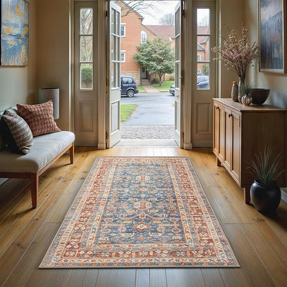 GLN Rugs Traditional Collection - Machine Washable Area Rug, Traditional Washable, Non Slip, Low Pile Chenille Rug, Living Room, Bedroom, Kitchen Rug (2'6" x 7' Terra/Slate Blue)
