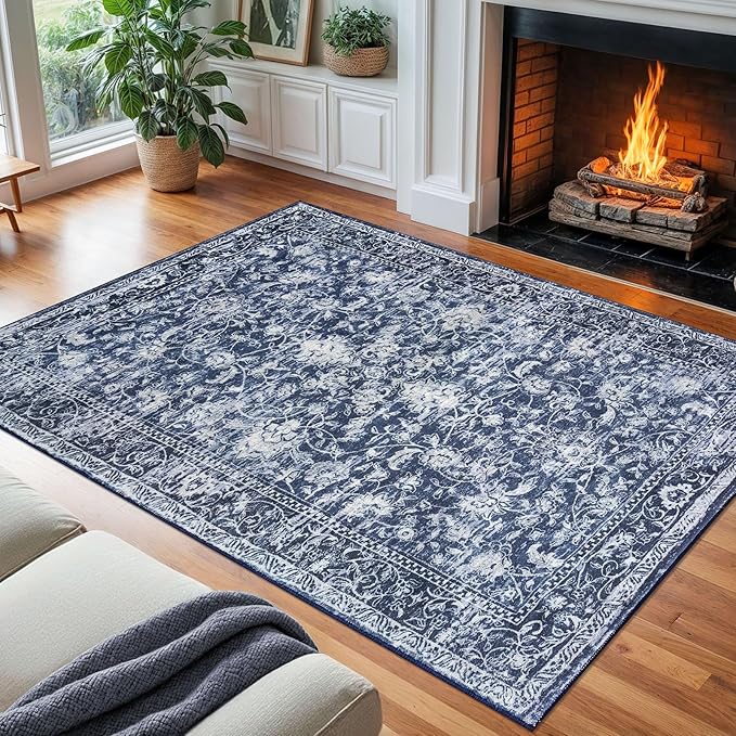 KILOCOCO Area Rug 8x10 Living Room Rug Washable Printed Vintage Floral Non Slip Soft Rubber Backed Indoor Bedroom Rugs for Laundry Room Kitchen Playroom Moroccan Area Rugs, Blue