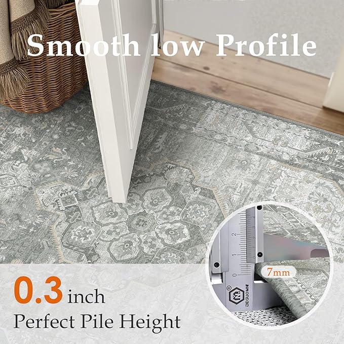 8x10 Grey Washable Vintage Area Rug for Living Room Bedroom Non Slip Distressed Traditional Soft Large Throw Rug Low Pile Lightweight Floral Carpet Office Indoor Classroom Dining Room