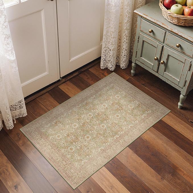 Bavni Small Throw 2x3 Vintage Floral Rug, Washable Non Slip Cute Area Rug for Entryway, Bedroom, Kitchen or Bathroom, Low Pile Carpet, Brown Pink