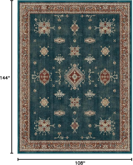RUGGABLE Washable Vintage Area Rug – Verena Teal Blue 9x12, Stain-Resistant, Non-Slip – Large Machine Washable Rugs for Living Room, Bedroom, Hallway, Entryway & Office–with Cushioned Pad