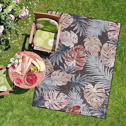 CAMILSON Indoor Outdoor Rug, Brown 6’x9’ Leaf Tropical Botanical Area Rugs for Indoor and Outdoor patios, Easy-Cleaning Non-Shedding Living Room, Garden and Kitchen Washable Outside Carpet (6x9)