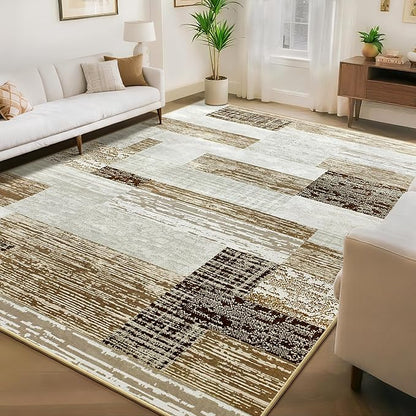 Large Area Rugs,Modern Geometric Patchwork Floor Decor for Bedroom Aesthetic Carpet, Rockwood Collection, Indoor Rugs for Living Room, Dining Room, Nursery, Office, Machine Washable Rug,9x12 Ft Beige