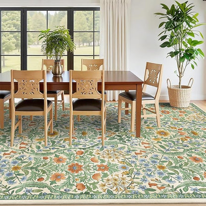 8x10 Washable Area Rug for Living Room, Large Vintage Grass Green Floral Rugs, Soft Non-Slip Stain Resistant Boho Lightweight Carpet for Bedroom Dining Room Nursery Home Office