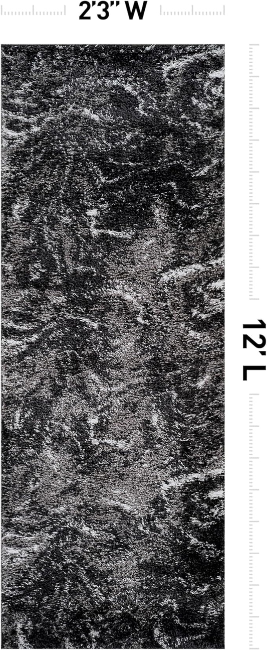 Rugshop Abstract Marble Shag Runner Rug Anthracite Dark Gray 2' 3" x 12' Great for Long Hallways, Open Entryways, or Galley Kitchens