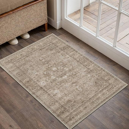 HUGEAR Washable 2x3 Entryway Area Rugs Retro Brown Small Vintage Distressed Non Slip Stain Resistant Low Pile Neutral Throw Carpet for Bedside Kitchen Entryway Home Decor