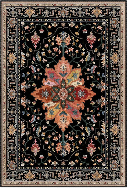 Area Rugs 3'x6' Washable Non-Slip, Floral Vintage Distress Print Pattern Medallion Carpet for Living Room Bedroom Dining Room, Black Colorful Floral Dark Tan