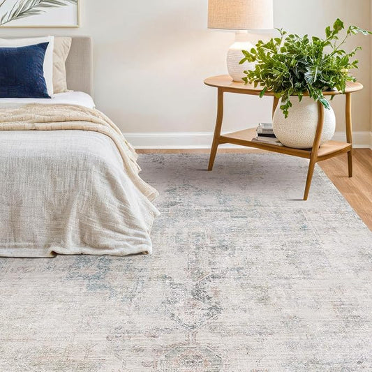 Blue Farmhouse Area Rug for Bedroom - 7x9 Washable Rug for Dining Room Table, Ultra-Thin Soft Textured Boho Abstract Blue and Gray Indoor Decor, Fade & Stain Resistant