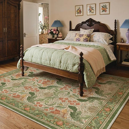 Bavni 8x10 Area Rugs for Living Room, Microfiber Machine Washable Non-Slip Vintage Floral Rug, Low Pile Lightweight Carpet for Bedroom, Dining Room, Home Office, Sage Green & Burnt Orange