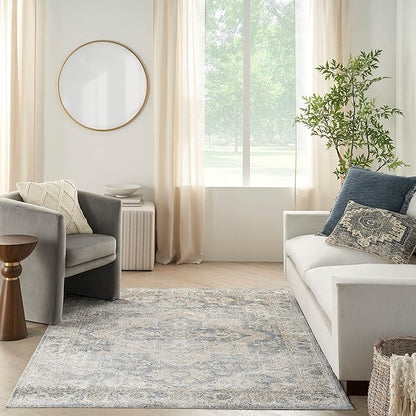 Nourison Home Astra Machine Washable Traditional Grey/Blue 6'7" x 9' Area Rug, Easy Clean, Non Shedding, Bed Room, Living Room, Dining Room, Kitchen (7x9)