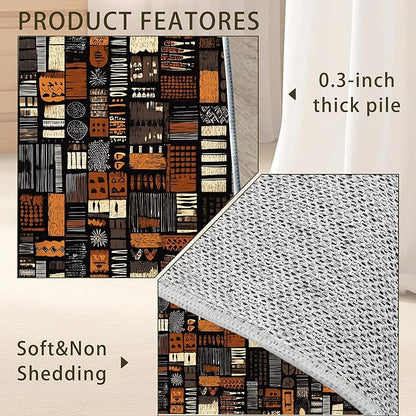 African Style Brown Orange Area Rug for Living Room, Non-Slip Backing Low Pile Modern Abstract Rug for Indoor Use, 3x5 Washable Carpet