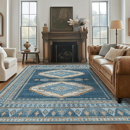 GENIMO Machine Washable 8x10 Area Rugs for Living Room, Non Slip Vintage Rugs, Low Pile Lightweight Chenille Print Rug for Bedroom, Dining Room, Home Office, Navy/Brick