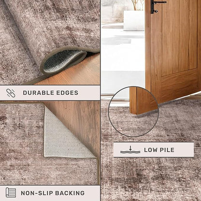 Brown Living Room Rug 8x10 - Retro Washable Rug for Dining Room, Fireplace, Bedroom, Non Slip Low Pile Abstract Warm Tan and Terracotta