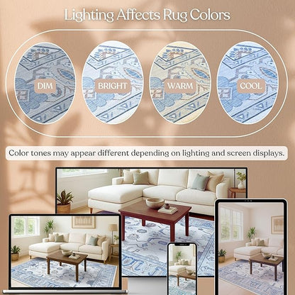 Fame Living Cream Blue Oushak Rug, Modern, Vintage, Turkish, Eclectic, Floral, Pastel, Washable, Area Rugs for Living Room, Dining, Bedroom, Nursery, Girls, Boys, 5'9"x8'9"