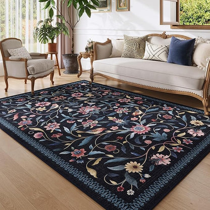 Vintage Medallion Floral 5x7 Area Rugs, Machine Washable Non-Slip, Low Pile Soft Carpet for Living Room, Bedroom, Dining Room, Farmhouse, Kids Playroom, Office | Blue