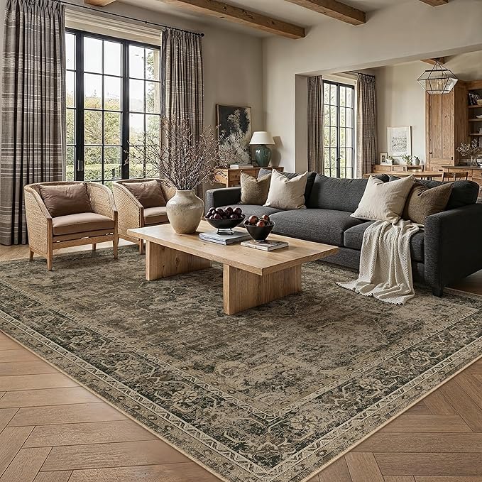 6x9 Washable Area Rug Brown Vintage Distressed Large Rug for Living Room Oriental Soft Thin Indoor Retro Carpet Non Slip Low Pile Floor Cover for Bedroom Dining Room Office Nursery
