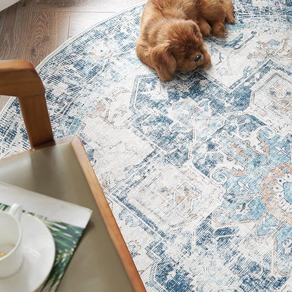 jinchan Kelda Round Rug 4ft Washable Area Rug Indoor Vintage Floor Cover Distressed Circle Mat 4' Round Lightweight Non Slip Low Pile Thin Carpet for Entryway Kitchen Living Room Bedroom Blue