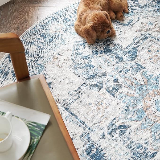 jinchan Kelda Round Rug 5ft Washable Area Rug Indoor Vintage Floor Cover Distressed Circle Mat 5' Round Lightweight Non Slip Low Pile Thin Carpet for Entryway Kitchen Living Room Bedroom Blue