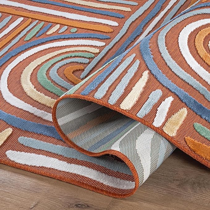 CAMILSON Indoor Outdoor Rug, Orange 6x9 Geometric Arch Striped Area Rugs for Patio and Home Areas, Easy-Cleaning Non-Shedding Living Room, Garden and Deck Washable Outside Carpet (6 x 9)