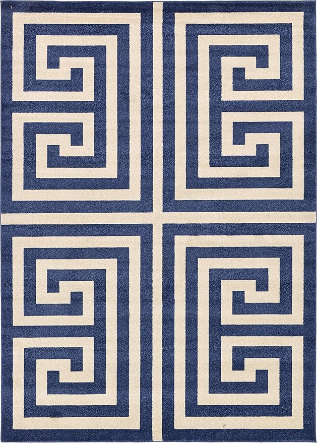 Unique Loom Athens Collection Classic Geometric Modern Border Design Area Rug (7' 0 x 10' 0 Rectangular, Navy Blue/ Beige)