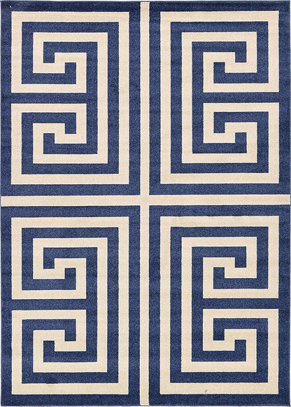 Unique Loom Athens Collection Classic Geometric Modern Border Design Area Rug (7' 0 x 10' 0 Rectangular, Navy Blue/ Beige)