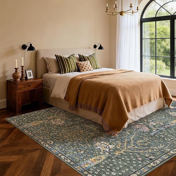 Kokia Boho Vintage Floral Area Rugs, Washable Oriental Botanical Rugs for Living Room, Bedroom, Dining Room, Office, Large Soft Indoor Area Rug, Sage Green，8x10