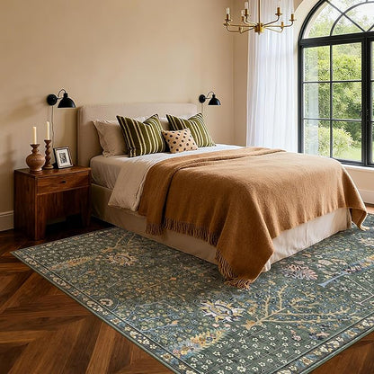 Kokia Boho Vintage Floral Area Rugs, Washable Oriental Botanical Rugs for Living Room, Bedroom, Dining Room, Office, Large Soft Indoor Area Rug, Sage Green，8x10
