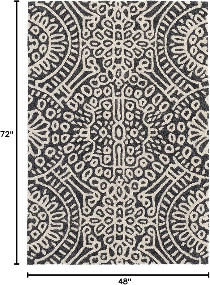 Dash & Albert Temple Charcoal Hand Micro Hooked Wool Rug, 4 X 6 Feet, Grey Geometric Pattern