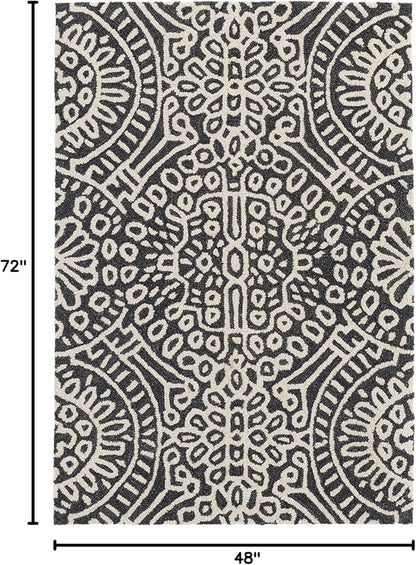 Dash & Albert Temple Charcoal Hand Micro Hooked Wool Rug, 4 X 6 Feet, Grey Geometric Pattern