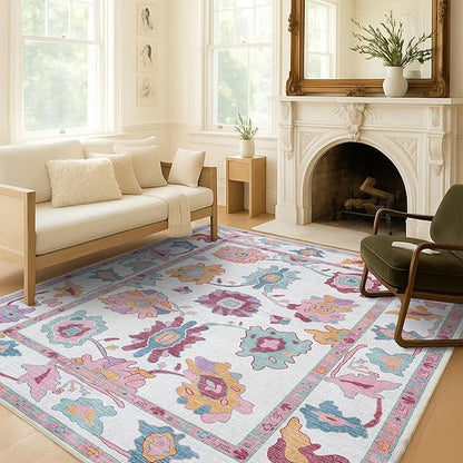 Fame Living Pink Oushak Rug, Modern, Vintage, Turkish, Eclectic, Floral, Pastel, Washable, Extra Large Area Rugs for Living Room, Dining, Bedroom, Lounge, 9'x12'