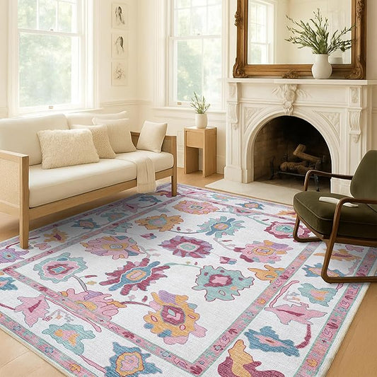 Fame Living Pink Oushak Rug, Modern, Vintage, Turkish, Eclectic, Floral, Pastel, Washable, Large Area Rugs for Living Room, Dining, Bedroom, Girls, Boys, 7'5"x9'8"