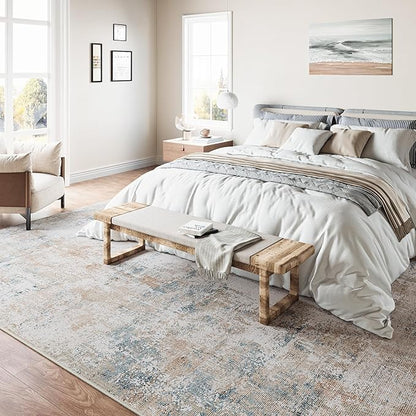 9x12 Area Rug Beige Blue Abstract Living Room Bedroom Washable Carpet Neutral Modern Non Slip Soft Low Pile Large Throw Rug for Dining Room Kitchen Office