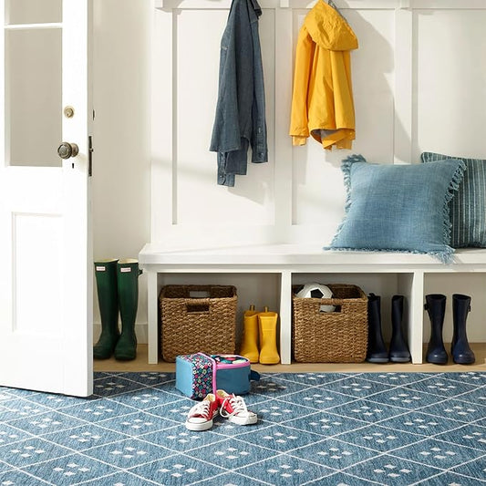 Dash and Albert Kota Machine Washable Area Rug - 3' x 5' Indigo - Diamond Accent Rug - Anti-Slip Backing, Lightweight, Machine Washable, High Traffic Areas Kitchen, Mudroom, Laundry Room